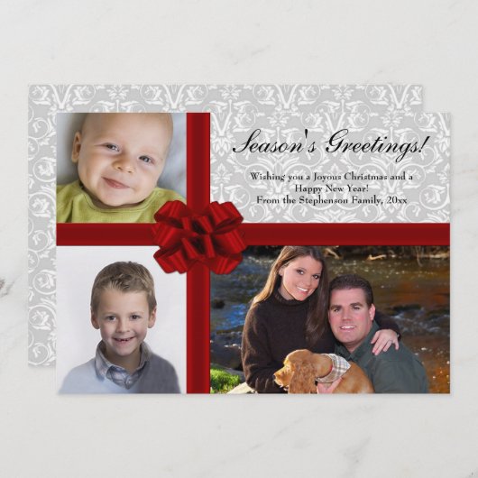 Red Ribbon Bow, 3-Photo Holiday Greeting Card Feestdagenkaart (Voorkant / Achterkant)