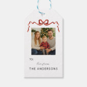 Red Ribbon Bow Christmas Photo Gift Tag Cadeaulabel (Voorkant)