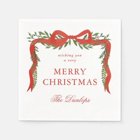 Red Ribbon Bow Greenery Kerstfeest Servet (Voorkant)