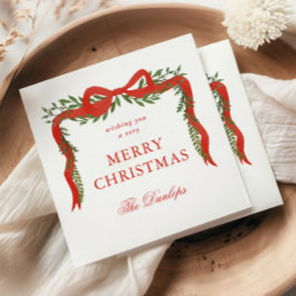 Red Ribbon Bow Greenery Kerstfeest Servet