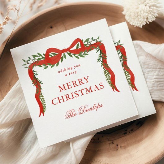Red Ribbon Bow Greenery Kerstfeest Servet