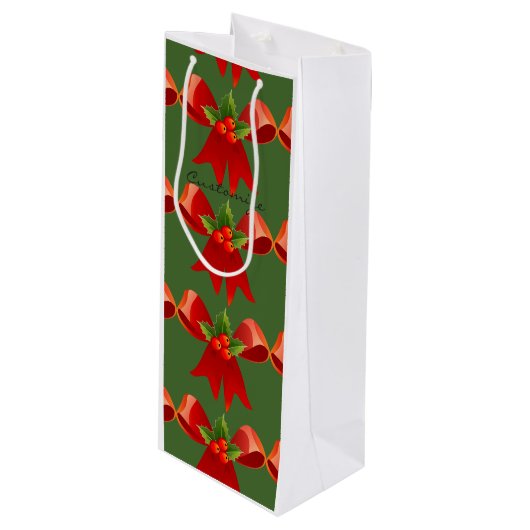 Red Ribbon Bow Holly Thunder_Cove Green Wijn Cadeautas (Voorkant Gekanteld)