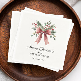 Red Ribbon Bow Waterverf Simple Holly Holiday Servet