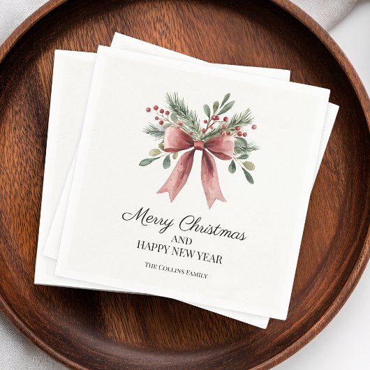 Red Ribbon Bow Waterverf Simple Holly Holiday Servet