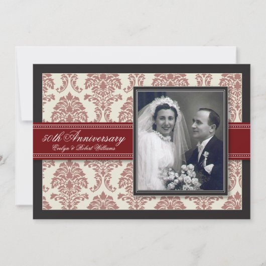 Red Ribbon Damask Jubileum Party Invitation Kaart (Voorkant)