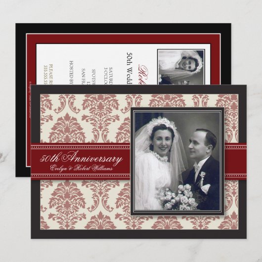 Red Ribbon Damask Jubileum Party Invitation Kaart (Voorkant / Achterkant)