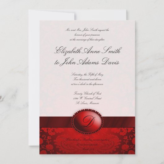 Red Ribbon Damask Wedding Uitnodiging (Voorkant)