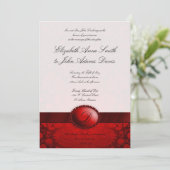 Red Ribbon Damask Wedding Uitnodiging (Staand voorkant)