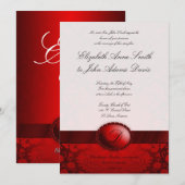 Red Ribbon Damask Wedding Uitnodiging (Voorkant / Achterkant)