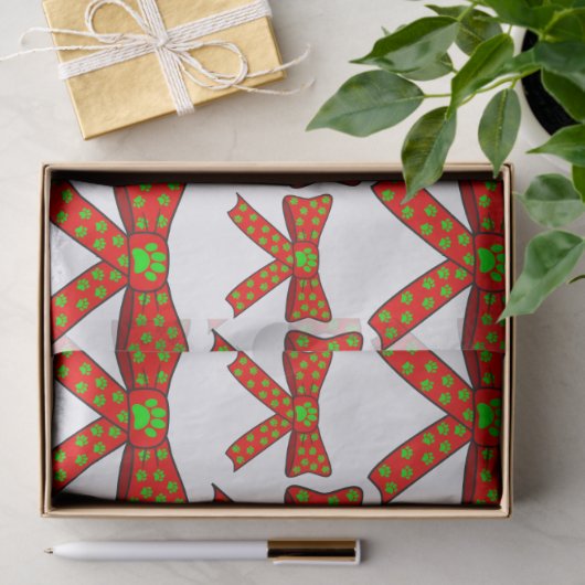 Red Ribbon Dog Paw Prints In Green Christmas Tissuepapier (Geschenk)