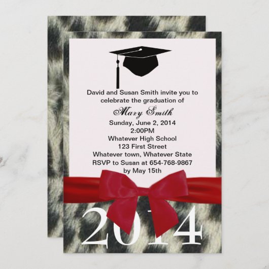 Red Ribbon en Snow Leopard Afstuderen Invitation Kaart (Voorkant / Achterkant)