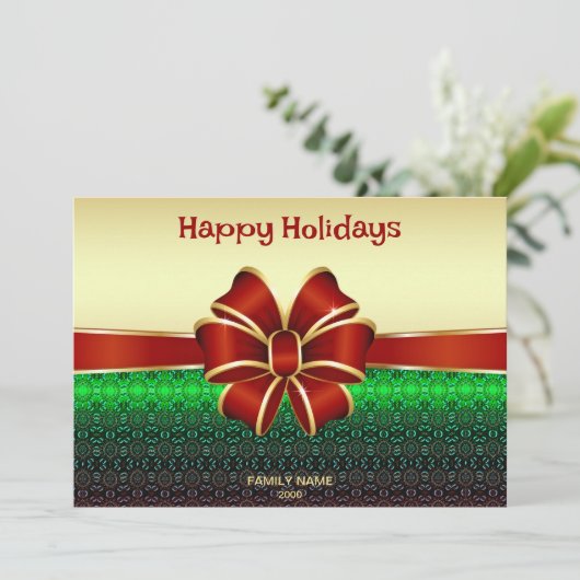 Red Ribbon Gold Vakantie Kerst Kaart (Staand voorkant)