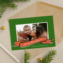 Red Ribbon Green Christmas Photo Flat Holiday Kaar
