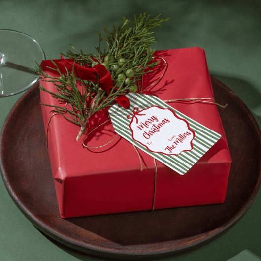 Red Ribbon Green Stripe Custom Christmas Cadeaulabel