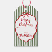 Red Ribbon Green Stripe Custom Christmas Cadeaulabel (Voorkant)
