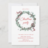 Red Ribbon Greenery Wreath Kerstfeest Kaart (Voorkant)
