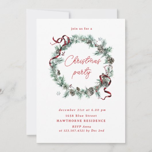 Red Ribbon Greenery Wreath Kerstfeest Kaart (Voorkant)