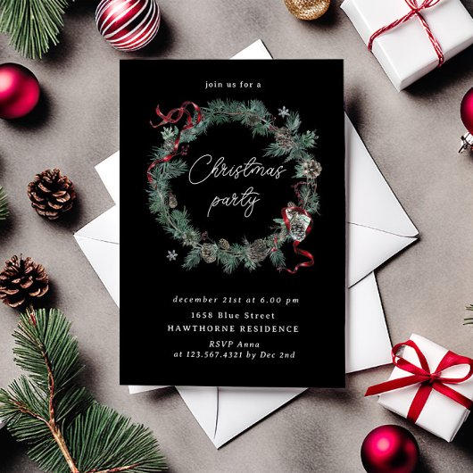 Red Ribbon Greenery Wreath Kerstfeest Kaart