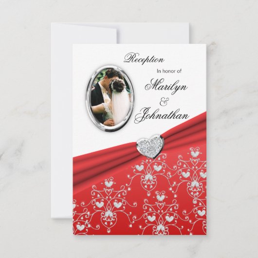 Red Ribbon Heart Damask Reception Invitations Kaart (Voorkant)