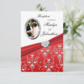 Red Ribbon Heart Damask Reception Invitations Kaart (Staand voorkant)