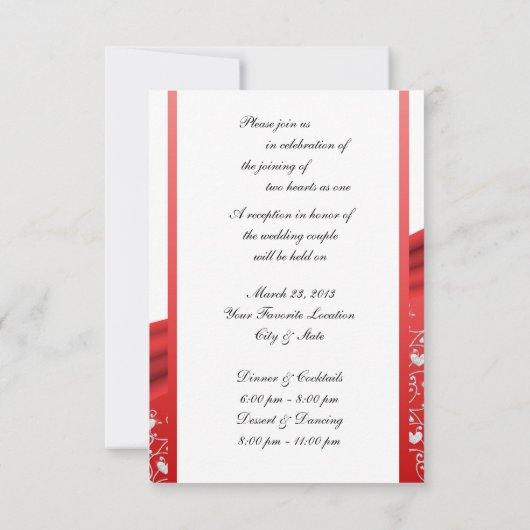 Red Ribbon Heart Damask Reception Invitations Kaart (Achterkant)