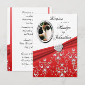 Red Ribbon Heart Damask Reception Invitations Kaart (Voorkant / Achterkant)