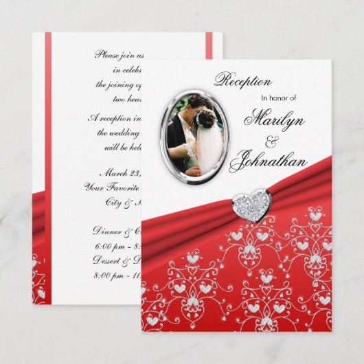 Red Ribbon Heart Damask Reception Invitations Kaart (Voorkant / Achterkant)