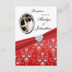 Red Ribbon Heart Damask Reception Invitations Kaart