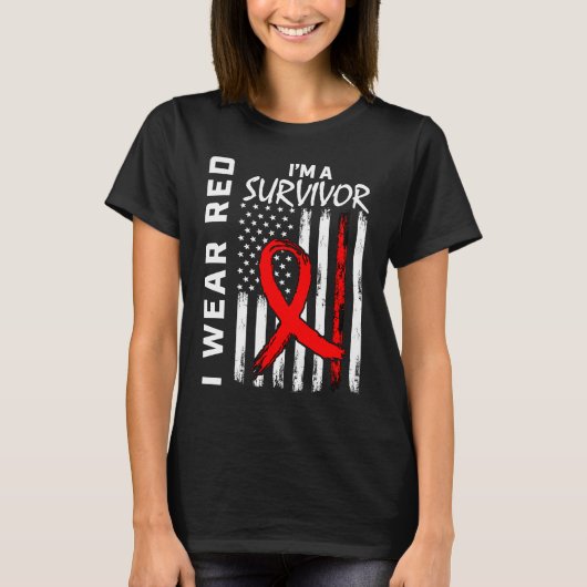 Red Ribbon Heart Disease Overlevende Amerikaanse v T-shirt (Voorkant)