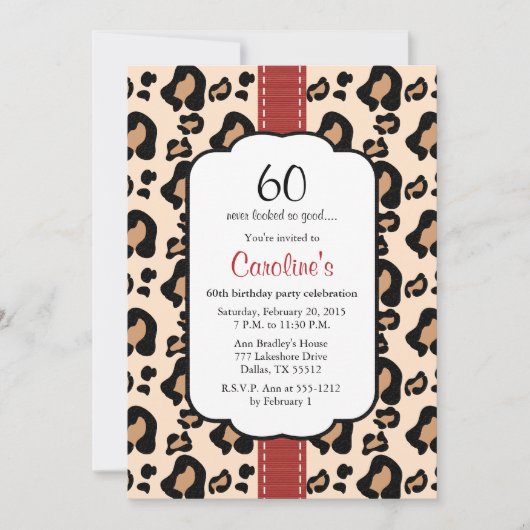 Red Ribbon Leopard Print 60th Birthday Invitations Kaart (Voorkant)