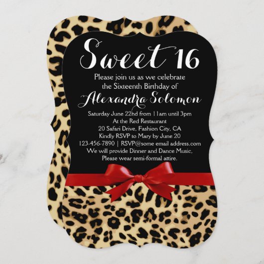 Red Ribbon Leopard Print Bow Sweet 16th Birthday Kaart (Voorkant / Achterkant)