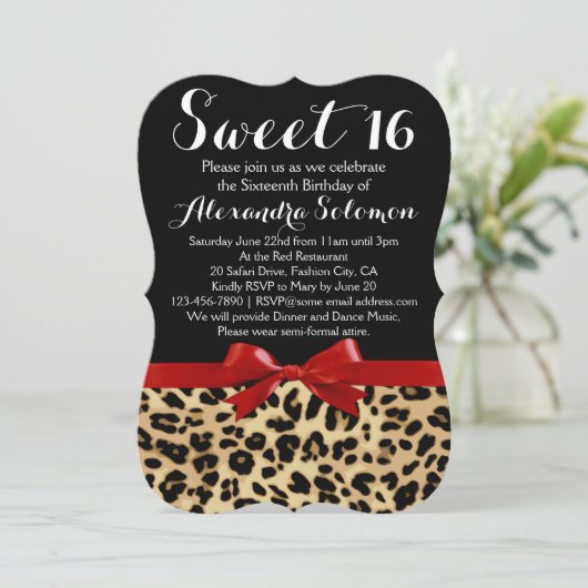 Red Ribbon Leopard Print Bow Sweet 16th Birthday Kaart (Staand voorkant)
