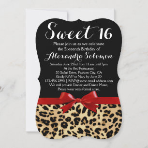 Red Ribbon Leopard Print Bow Sweet 16th Birthday Kaart