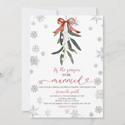 Red Ribbon Mistletoe Snowflakes Bridal Shower Kaart (Voorkant)