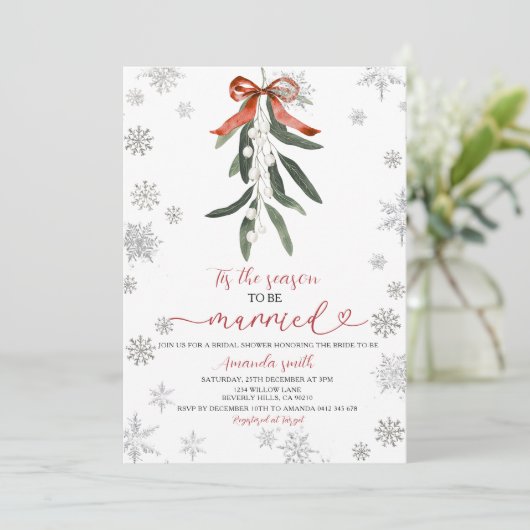 Red Ribbon Mistletoe Snowflakes Bridal Shower Kaart (Staand voorkant)