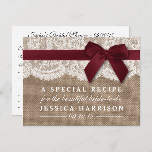 Red Ribbon op Burlap & Lace Vrijgezellenfeest Rece Uitnodiging Briefkaart (Voorkant / Achterkant)