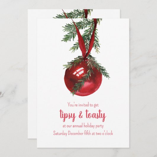 Red Ribbon Ornament Tipsy & Toasty Party Feestdagenkaart (Voorkant / Achterkant)