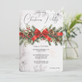 Red Ribbon Pinecone Pine Tree Holly Berry Party Kaart (Staand voorkant)