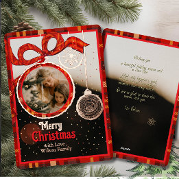 Red Ribbon Plaid Gold Foil Single Photo Christmas Folie Feestdagenkaart