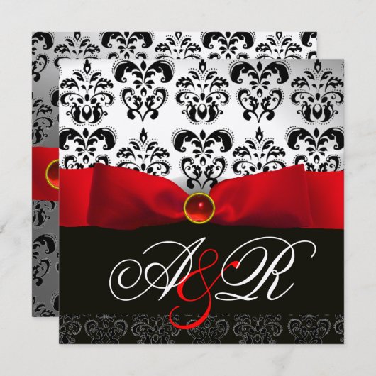 RED RIBBON RUBY WHITE BLACK DAMASK MONOGRAM KAART (Voorkant / Achterkant)