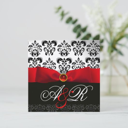RED RIBBON RUBY WHITE BLACK DAMASK MONOGRAM KAART (Staand voorkant)