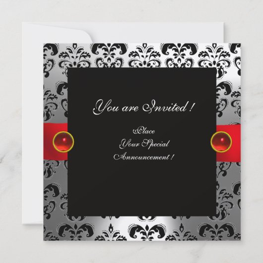 RED RIBBON RUBY WHITE BLACK DAMASK MONOGRAM KAART (Achterkant)