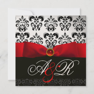 RED RIBBON RUBY WHITE BLACK DAMASK MONOGRAM KAART