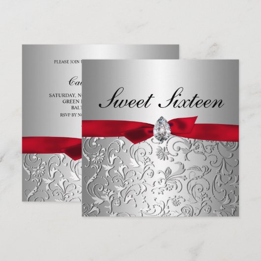 Red Ribbon Silver Floral Pattern Sweet Sixteen Kaart (Voorkant / Achterkant)