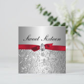 Red Ribbon Silver Floral Pattern Sweet Sixteen Kaart (Staand voorkant)