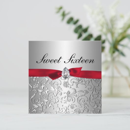 Red Ribbon Silver Floral Pattern Sweet Sixteen Kaart (Staand voorkant)