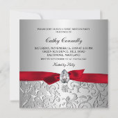 Red Ribbon Silver Floral Pattern Sweet Sixteen Kaart (Achterkant)