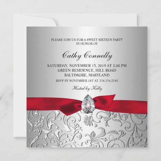 Red Ribbon Silver Floral Pattern Sweet Sixteen Kaart (Achterkant)