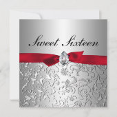 Red Ribbon Silver Floral Pattern Sweet Sixteen Kaart (Voorkant)