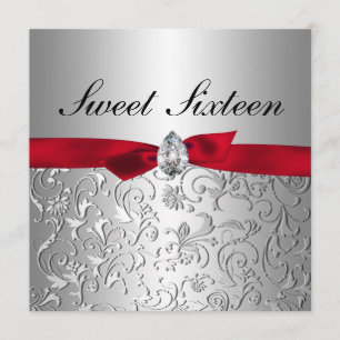 Red Ribbon Silver Floral Pattern Sweet Sixteen Kaart